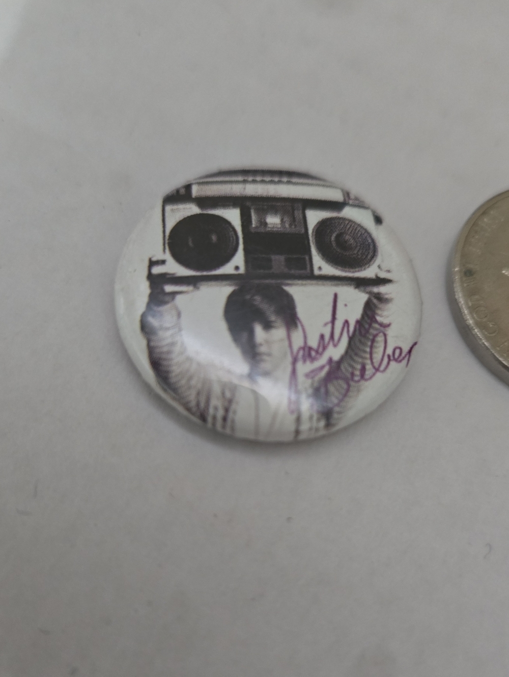 White Retro Boombox Justin Bieber Button Pin - Unbranded